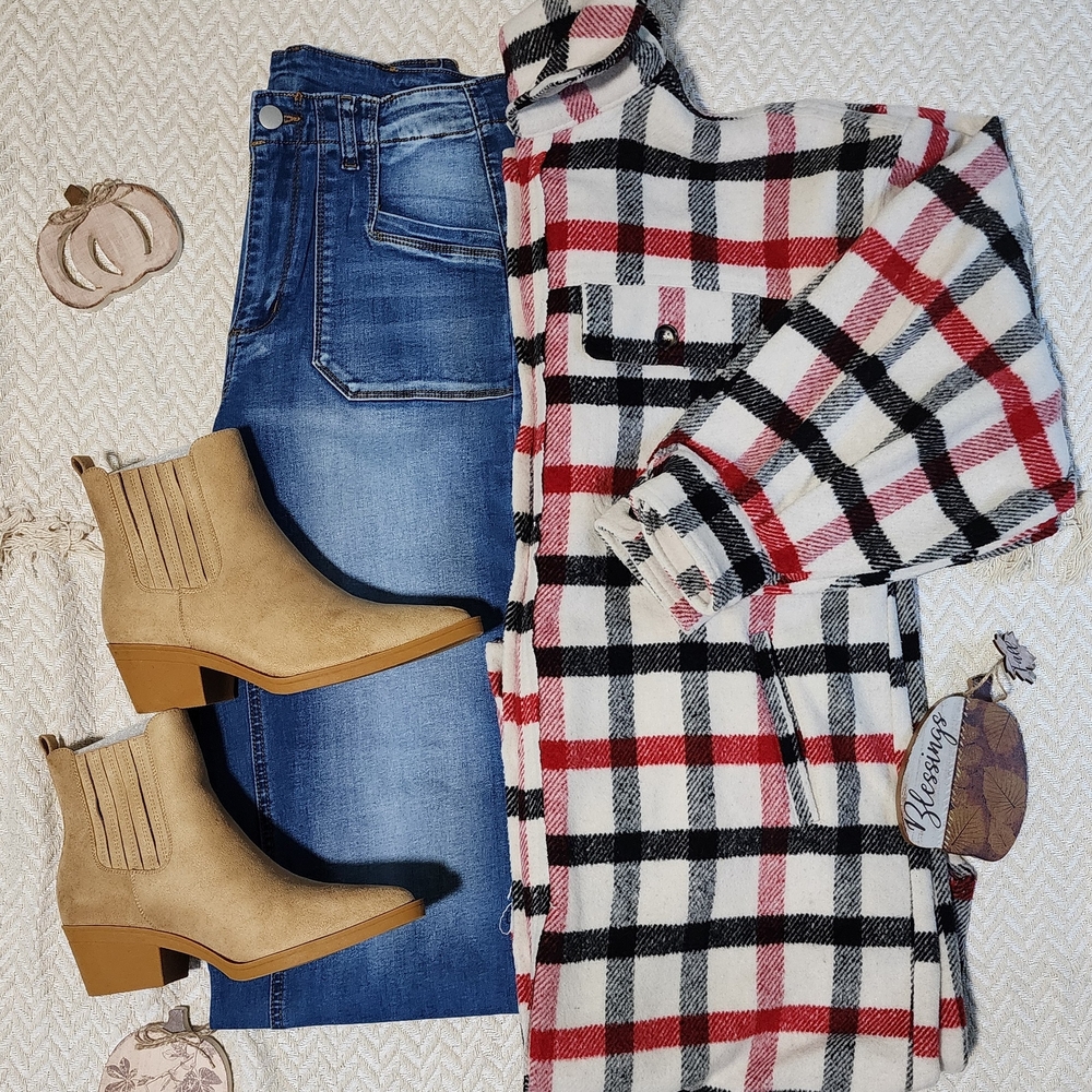BiBi Red and Black Plaid Kneelength Bubble Sleeve Shacket Jacket